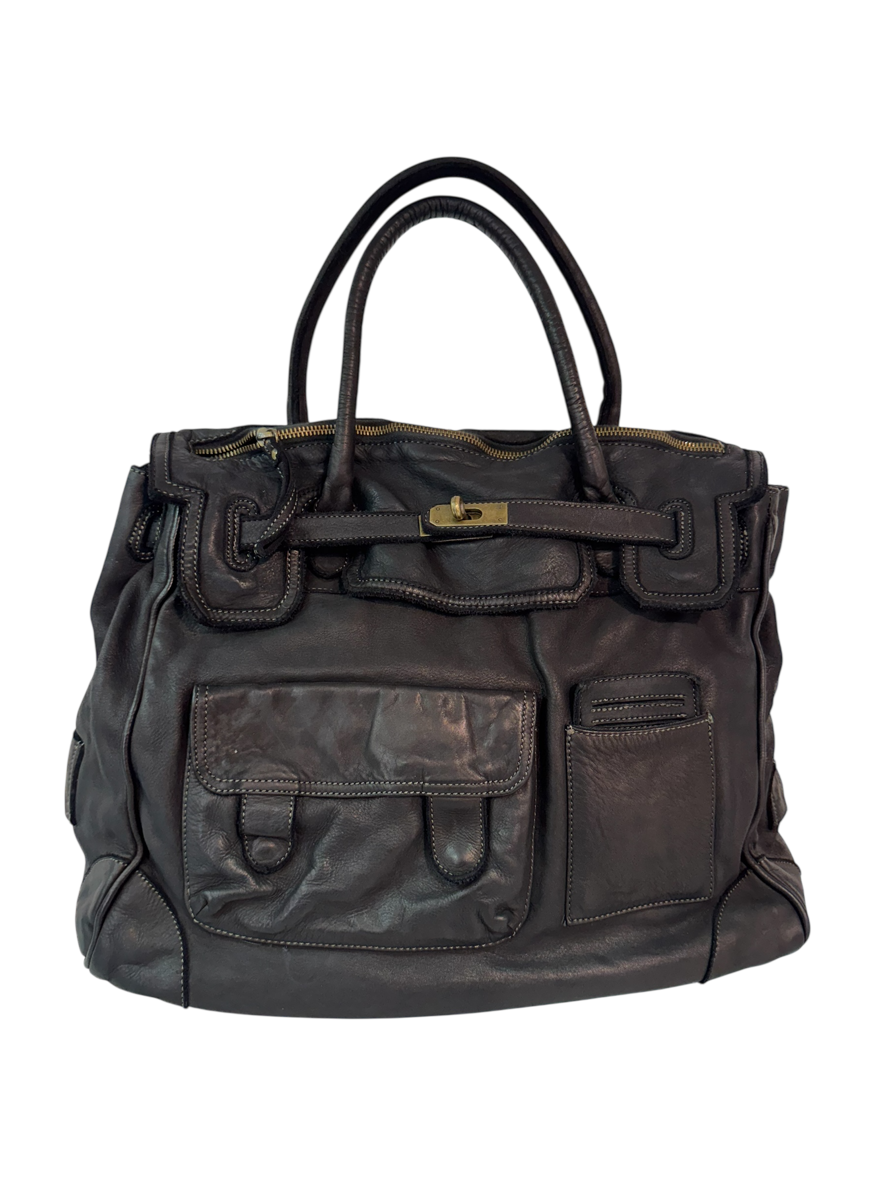 Black Multi Pocket  Leather Firkin Bag