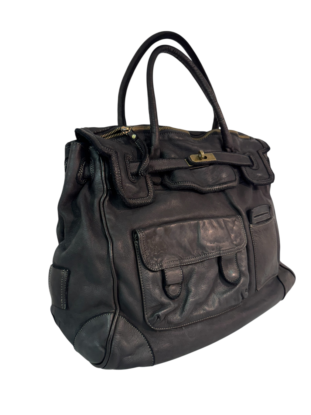 Black Multi Pocket  Leather Firkin Bag