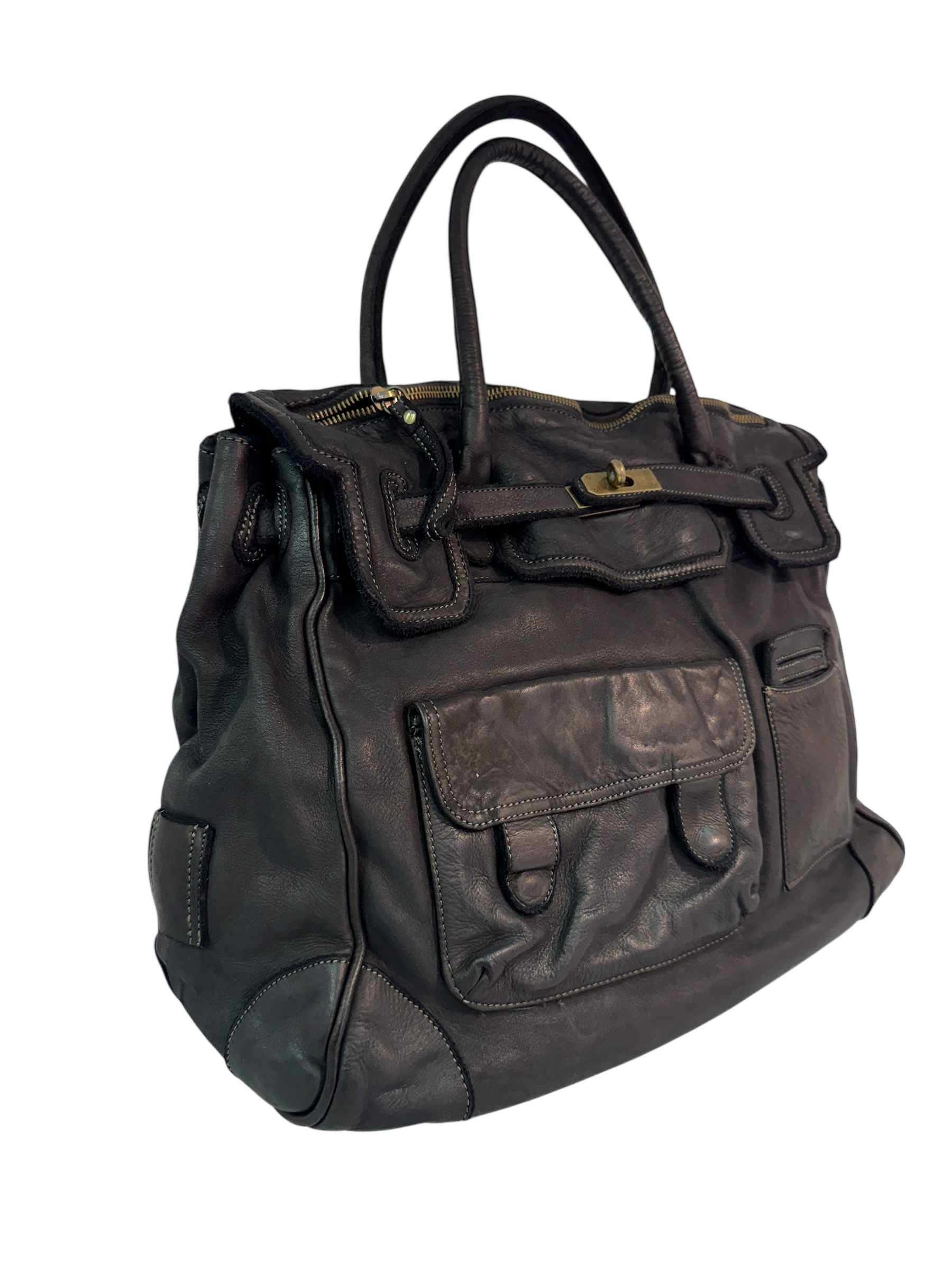 Black Multi Pocket  Leather Firkin Bag