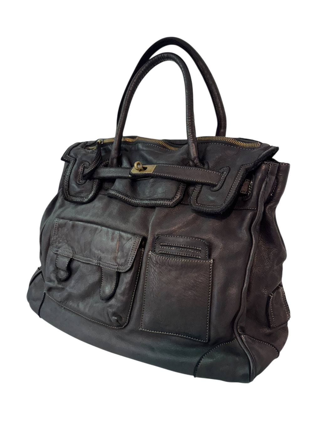 Black Multi Pocket  Leather Firkin Bag