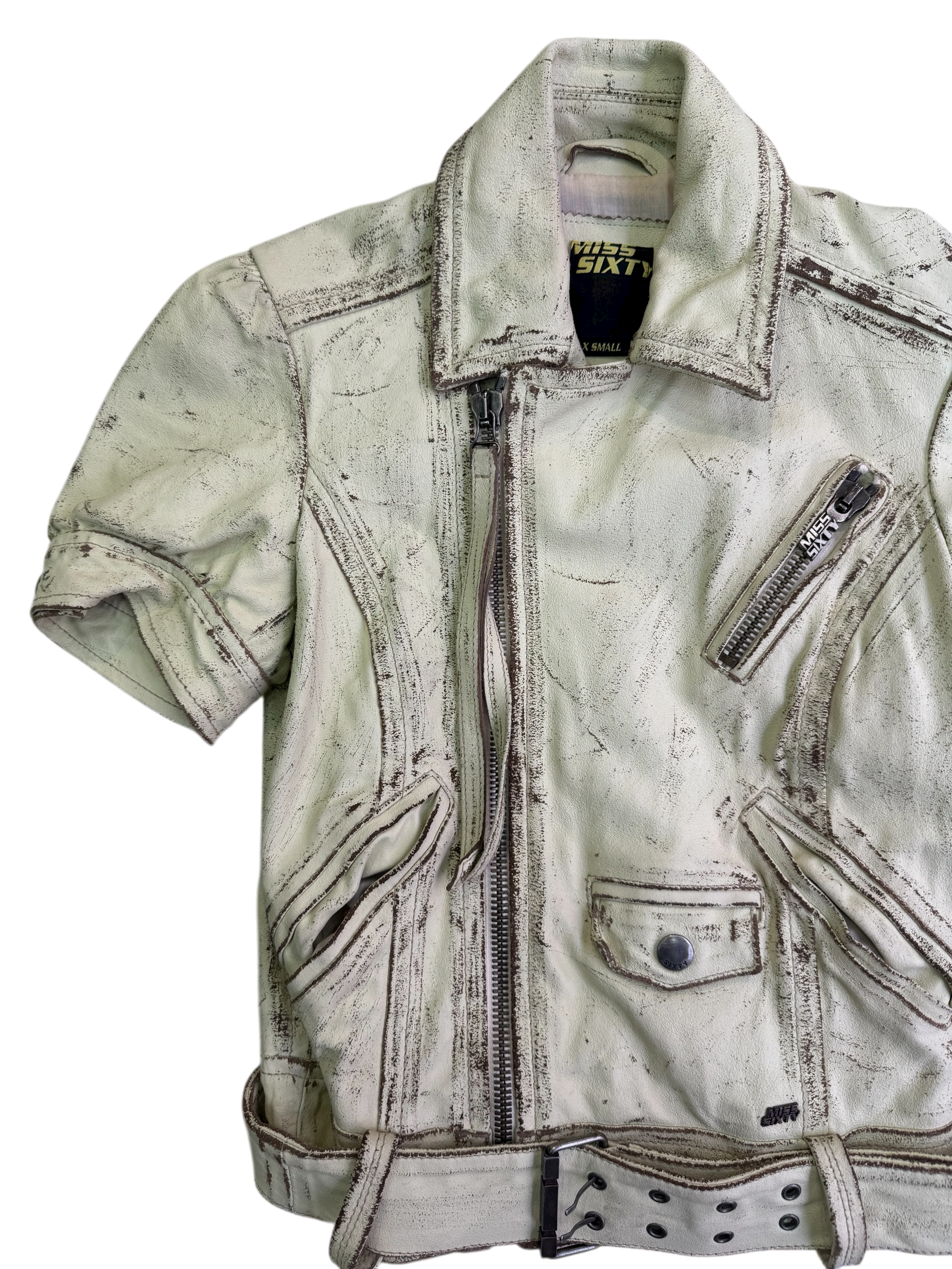 Miss Sixty  Distressed Short-Sleeve Leather Biker Jacket with Belt
