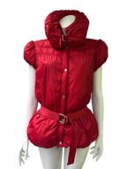 Red Sleeveless Puffer Vest with Belt and High Collar