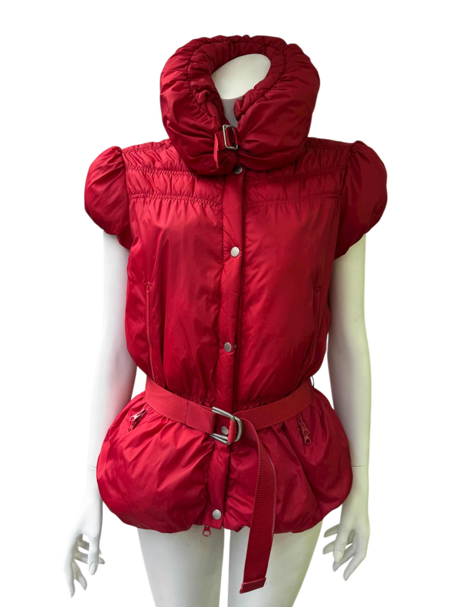 Red Sleeveless Puffer Vest with Belt and High Collar