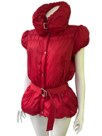 Red Sleeveless Puffer Vest with Belt and High Collar
