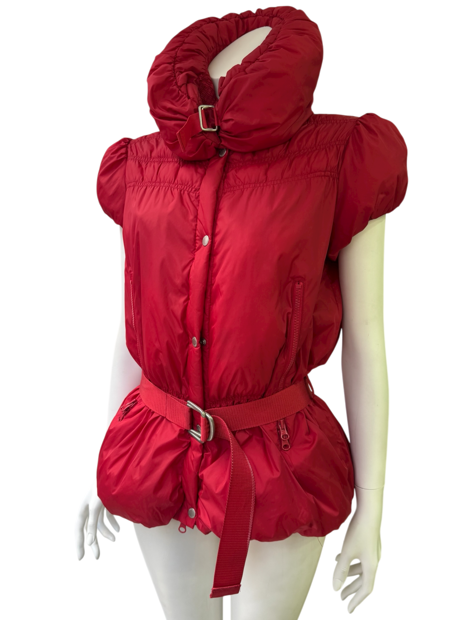 Red Sleeveless Puffer Vest with Belt and High Collar