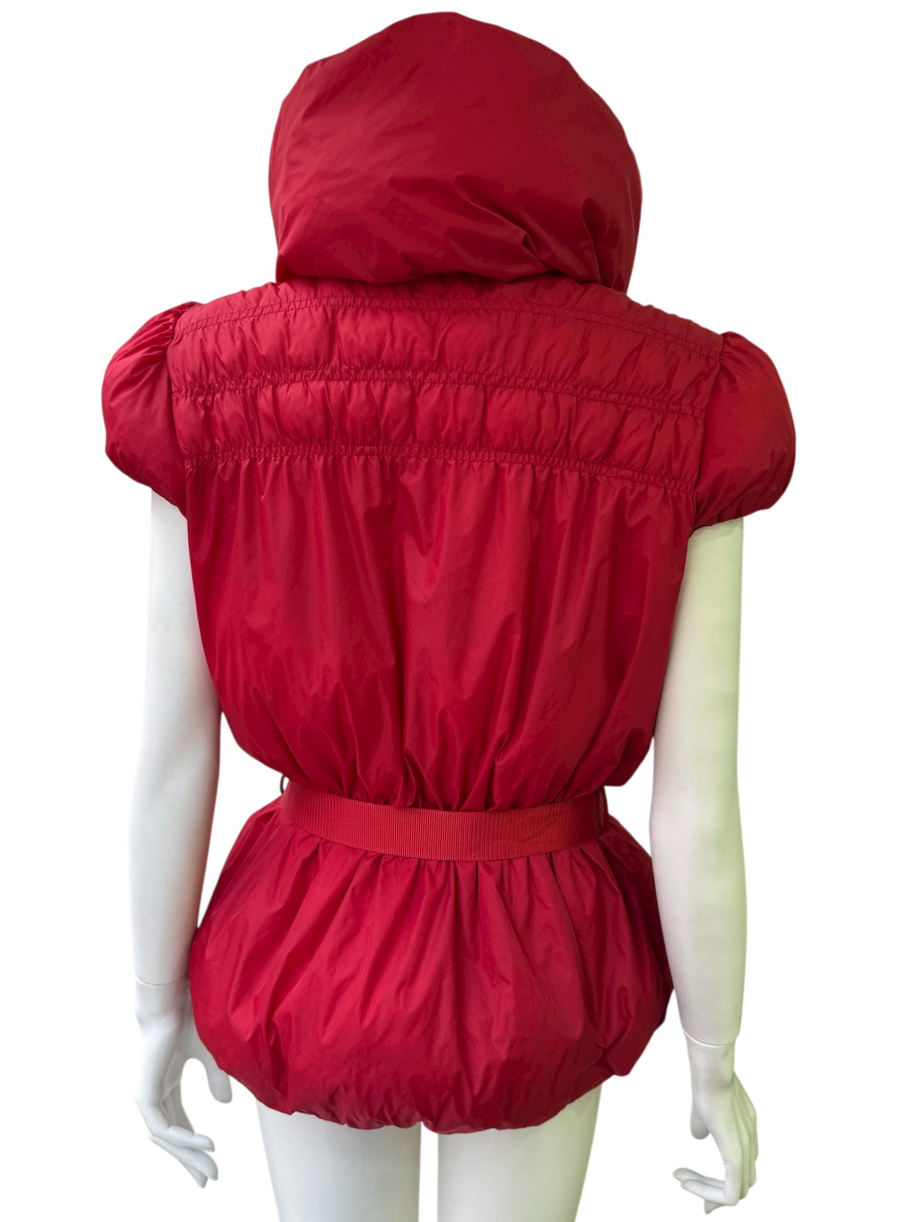 Red Sleeveless Puffer Vest with Belt and High Collar