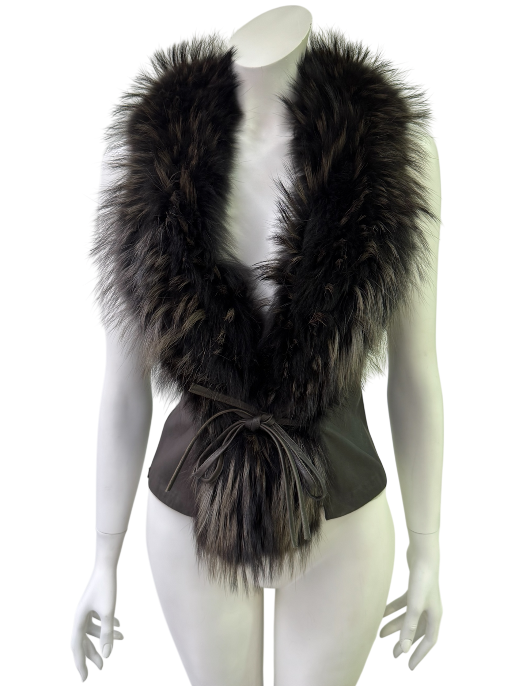 Black Leather Vest With Oversized Fur Collar