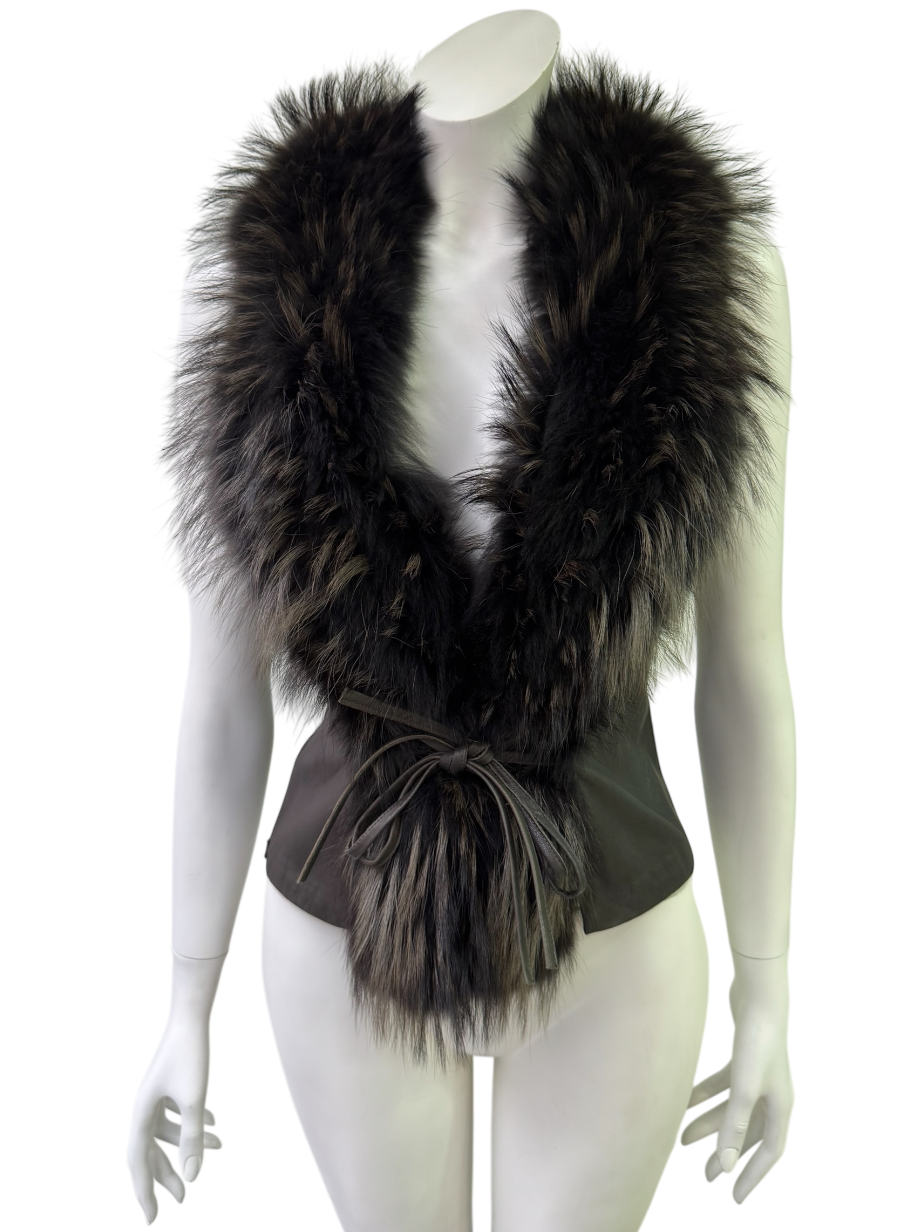 Black Leather Vest With Oversized Fur Collar
