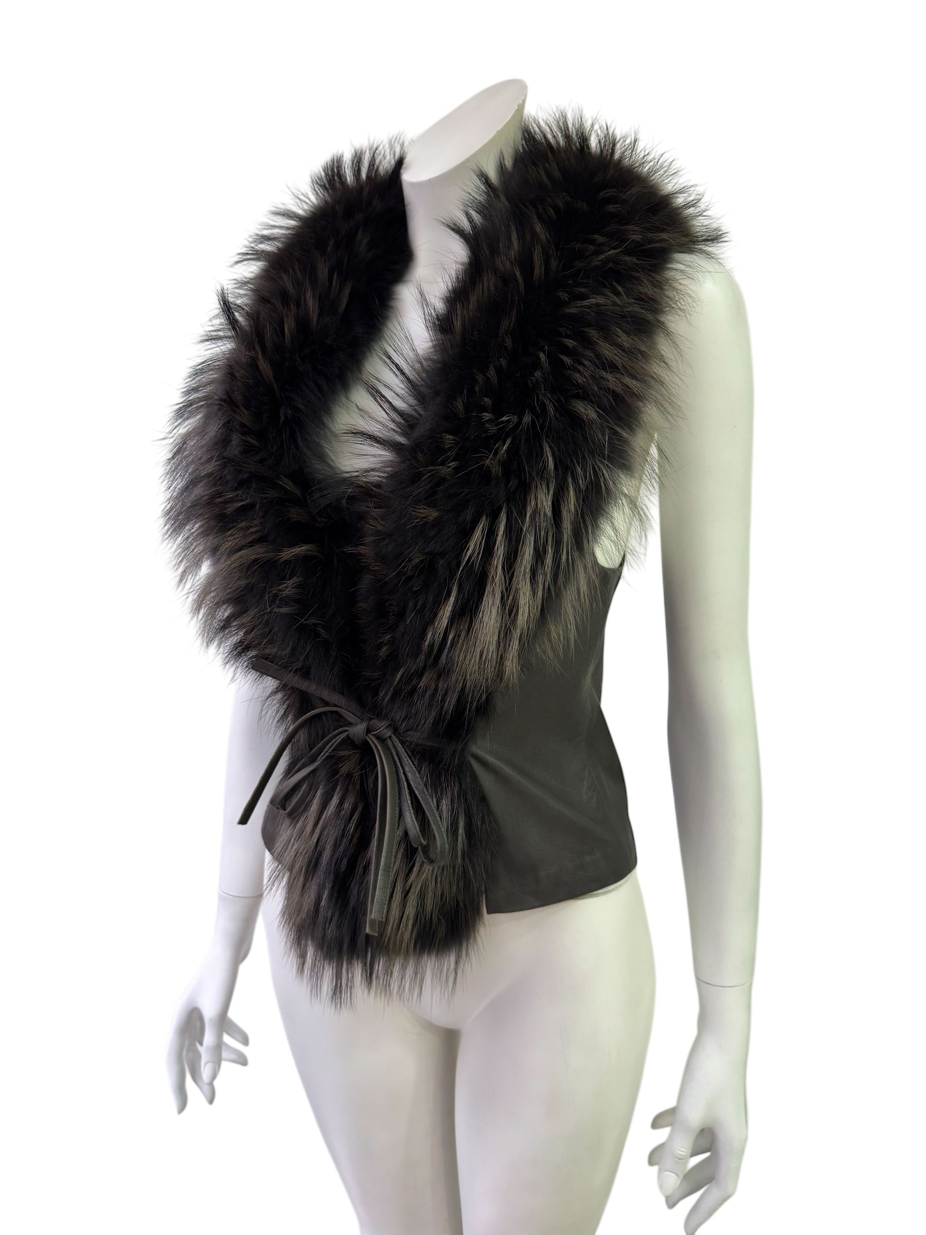 Black Leather Vest With Oversized Fur Collar