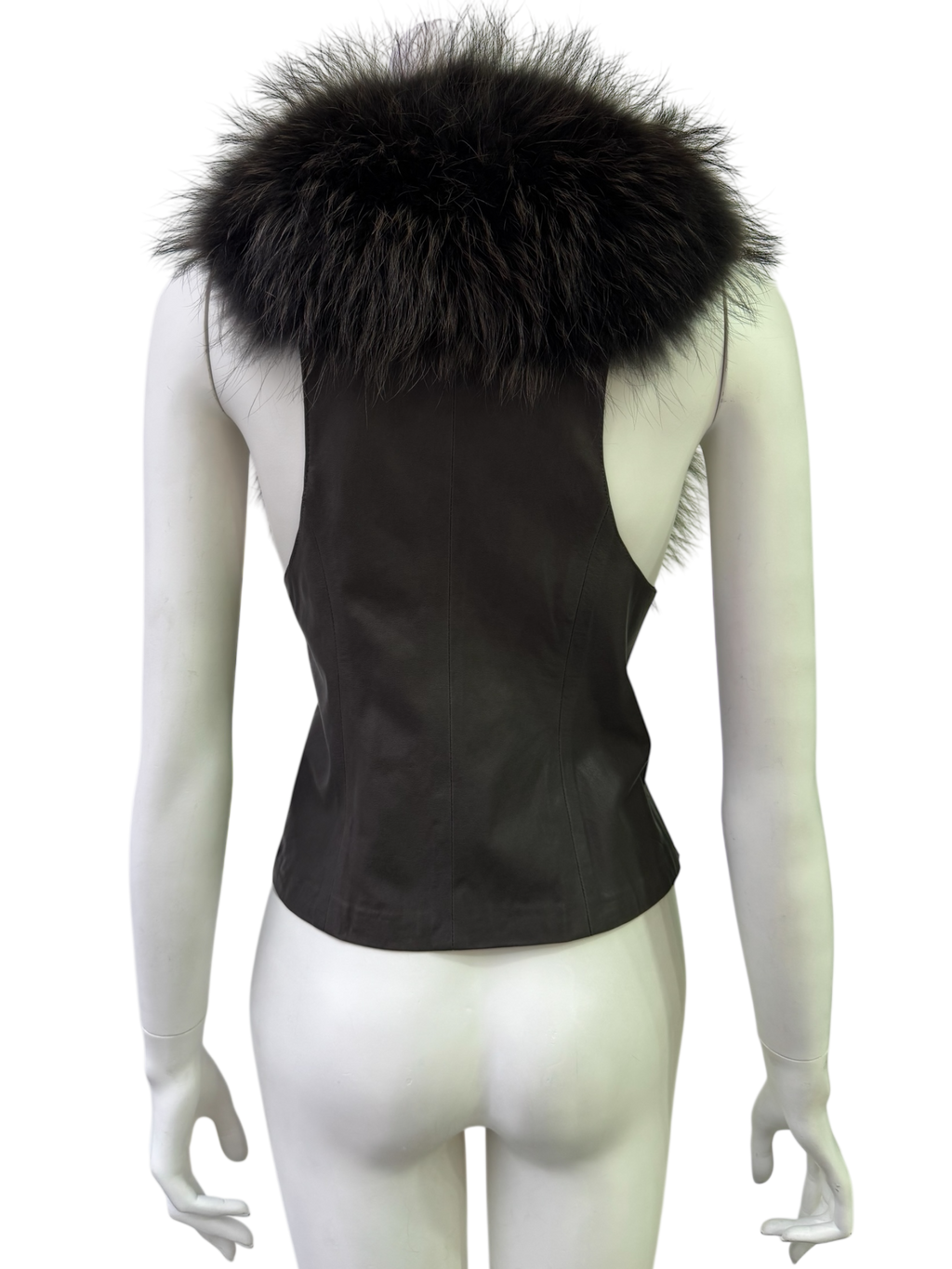 Black Leather Vest With Oversized Fur Collar