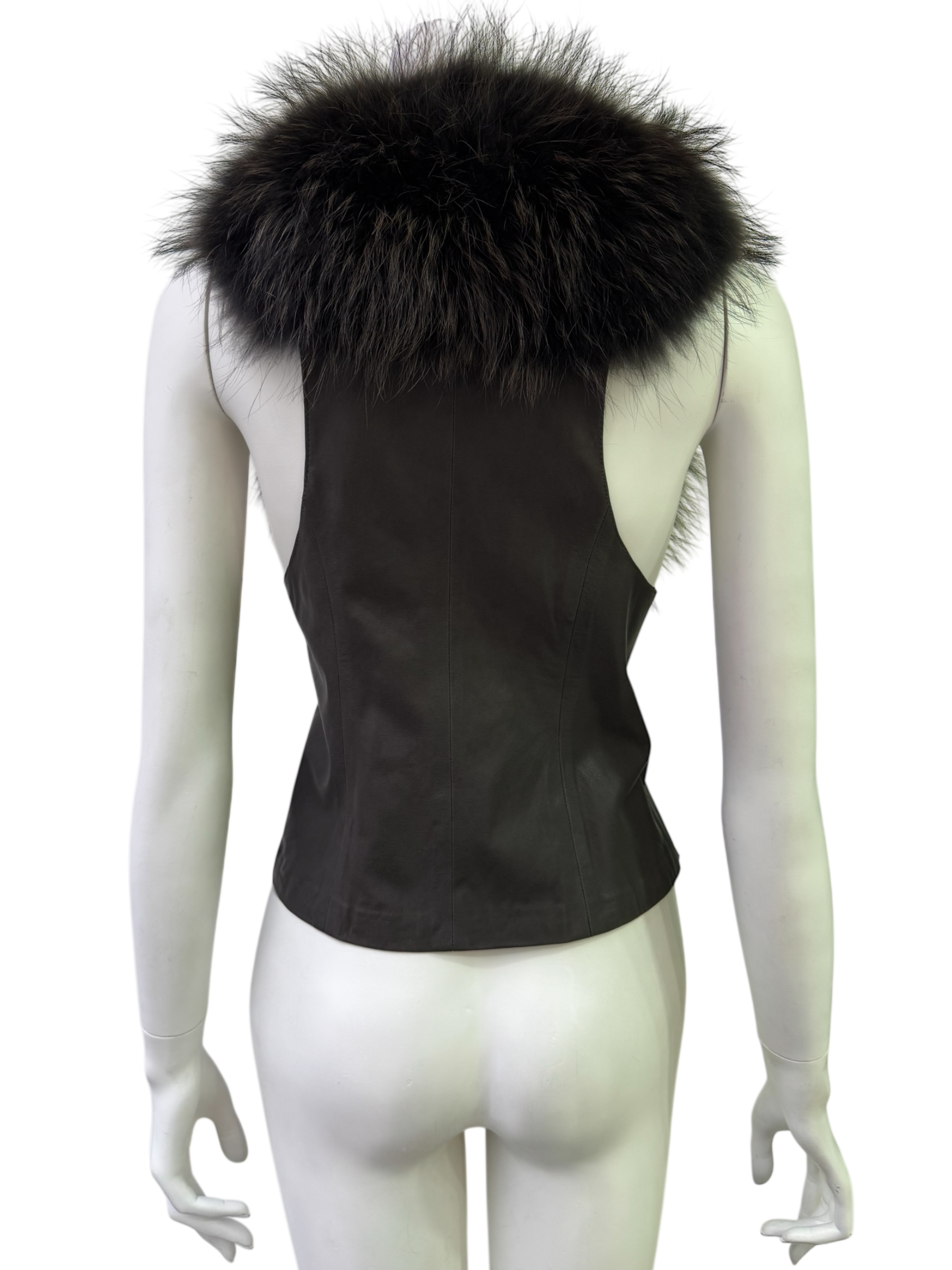 Black Leather Vest With Oversized Fur Collar