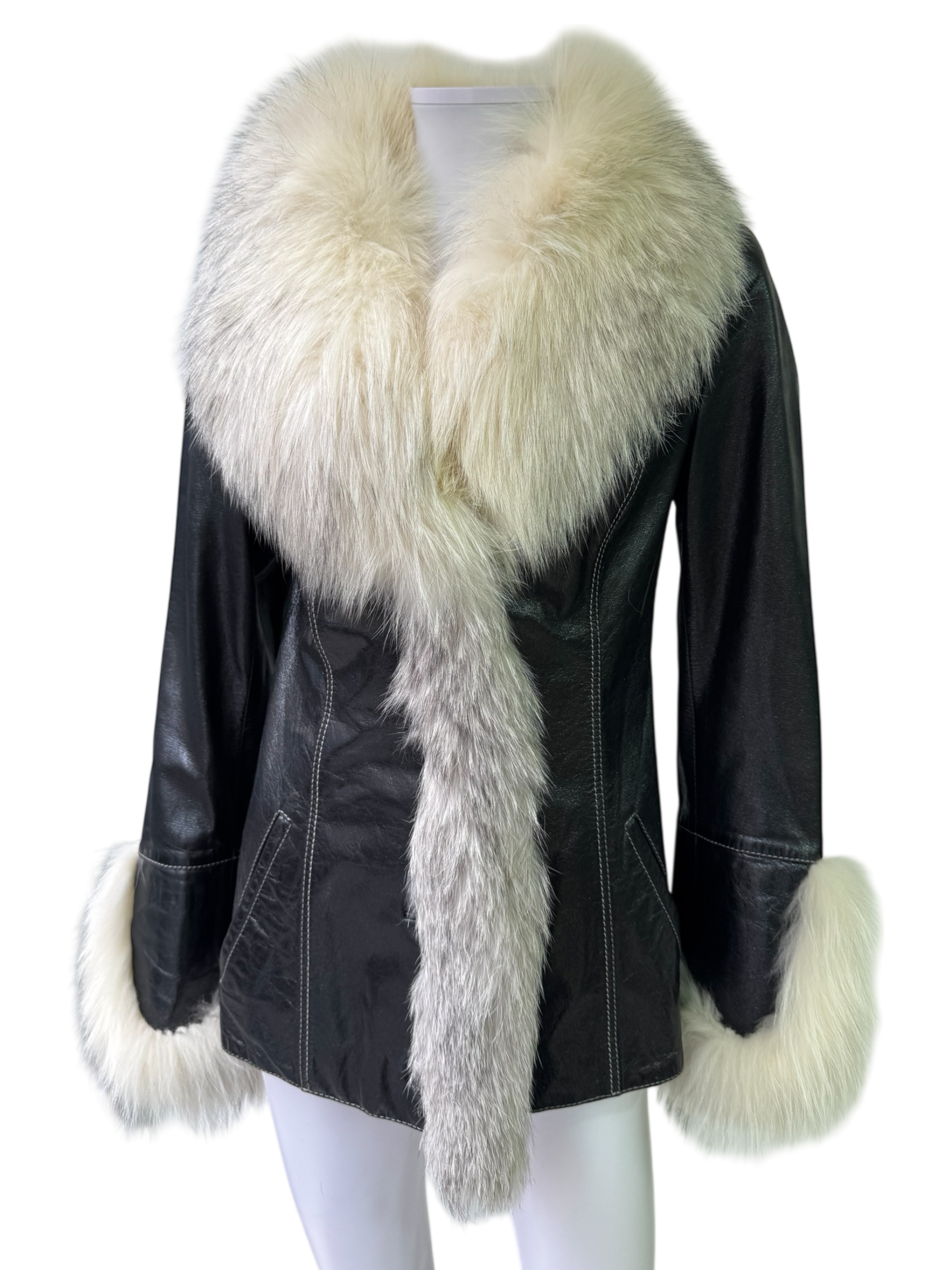 Black Shiny Leather Jacket With Fur Collar