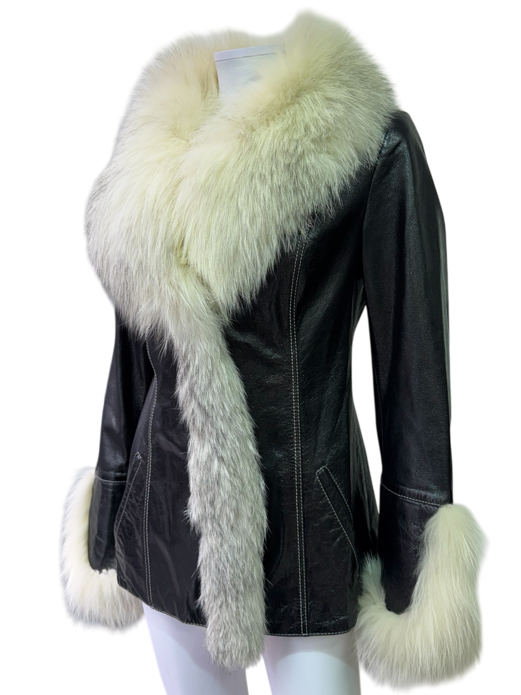 Black Shiny Leather Jacket With Fur Collar