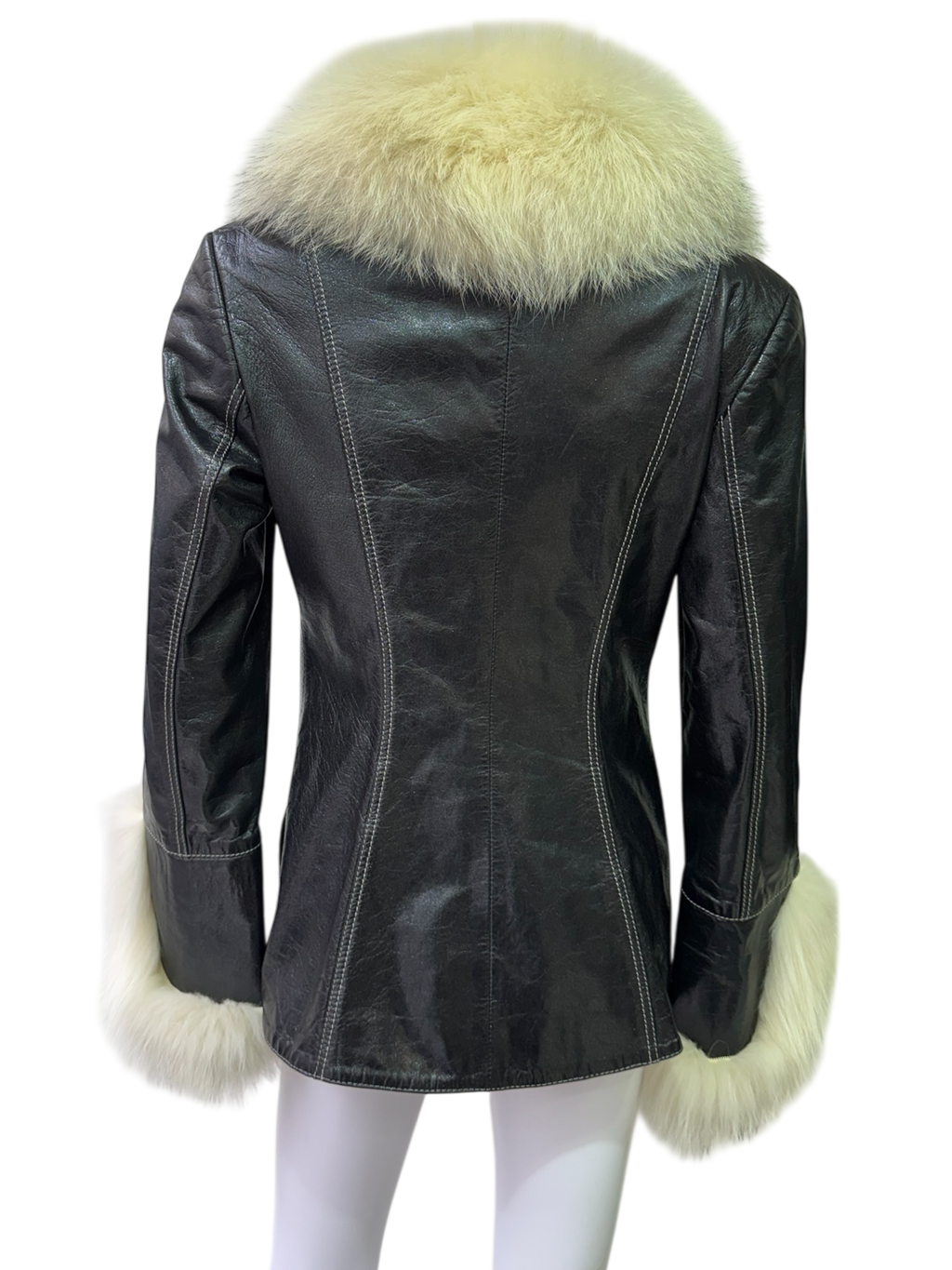 Black Shiny Leather Jacket With Fur Collar