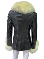 Black Shiny Leather Jacket With Fur Collar