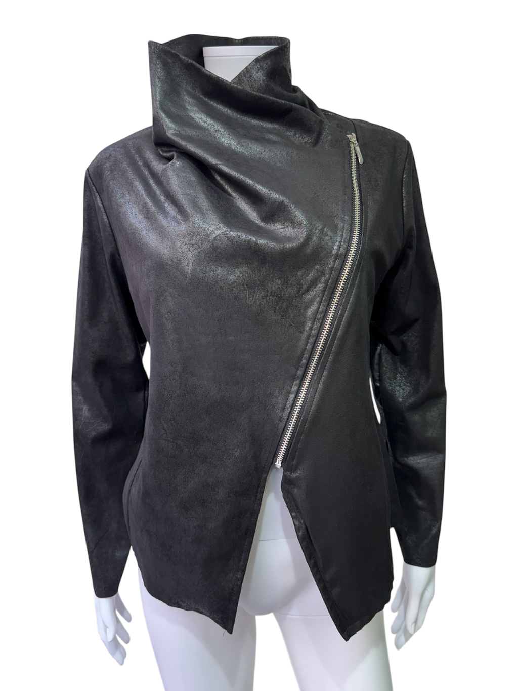 Black Asymmetric Zip Jacket – Leather Look