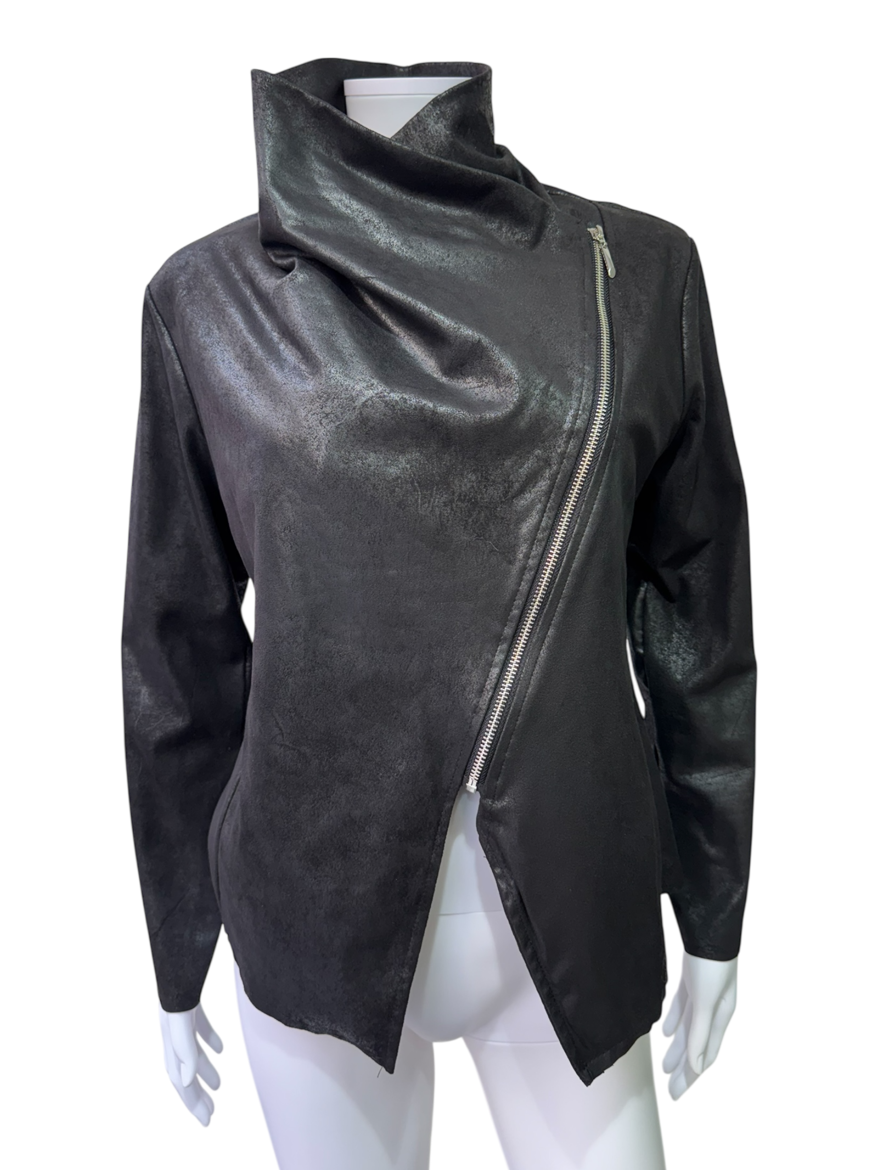 Black Asymmetric Zip Jacket – Leather Look
