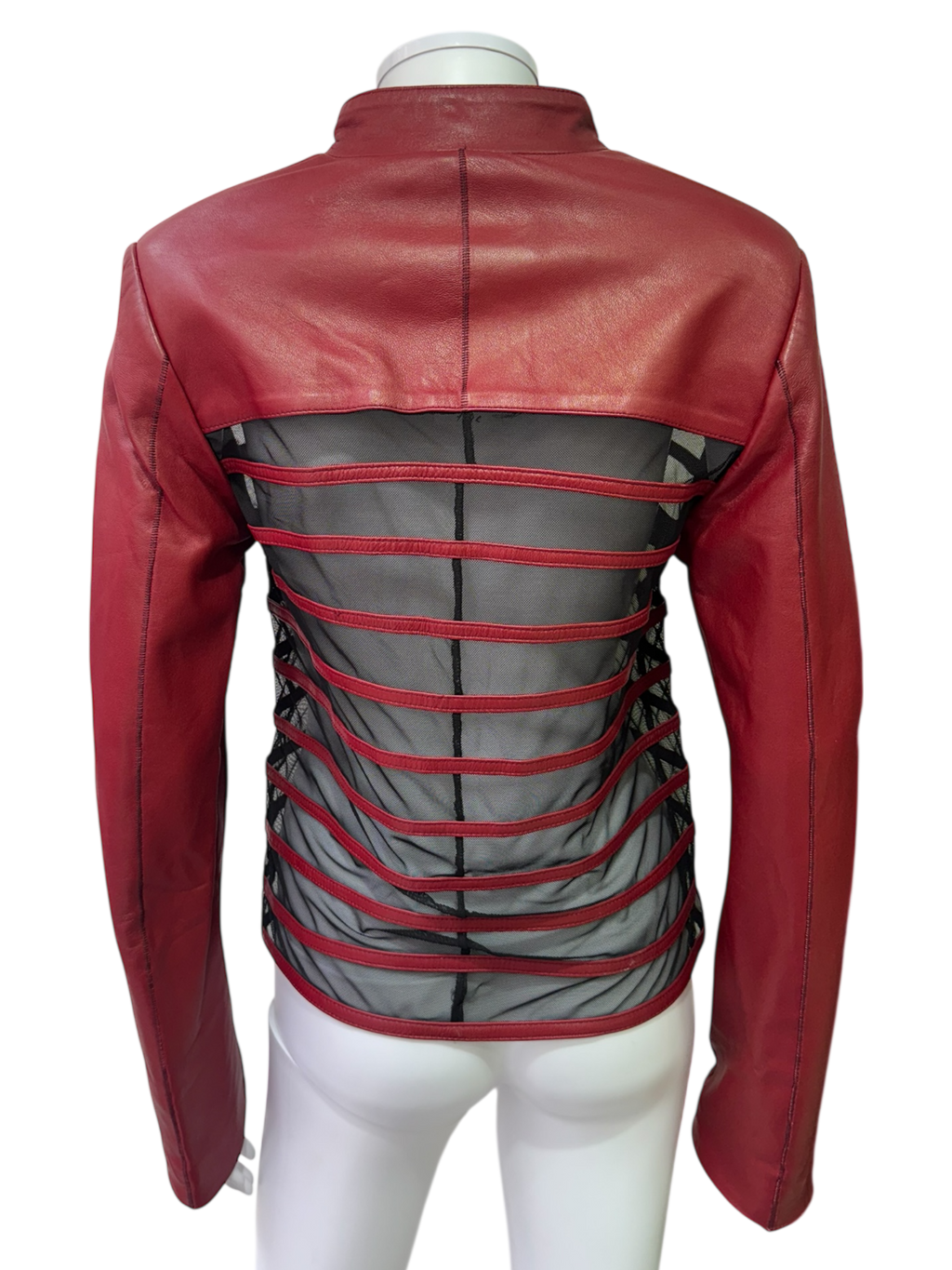 Red Leather Jacket with Mesh Details