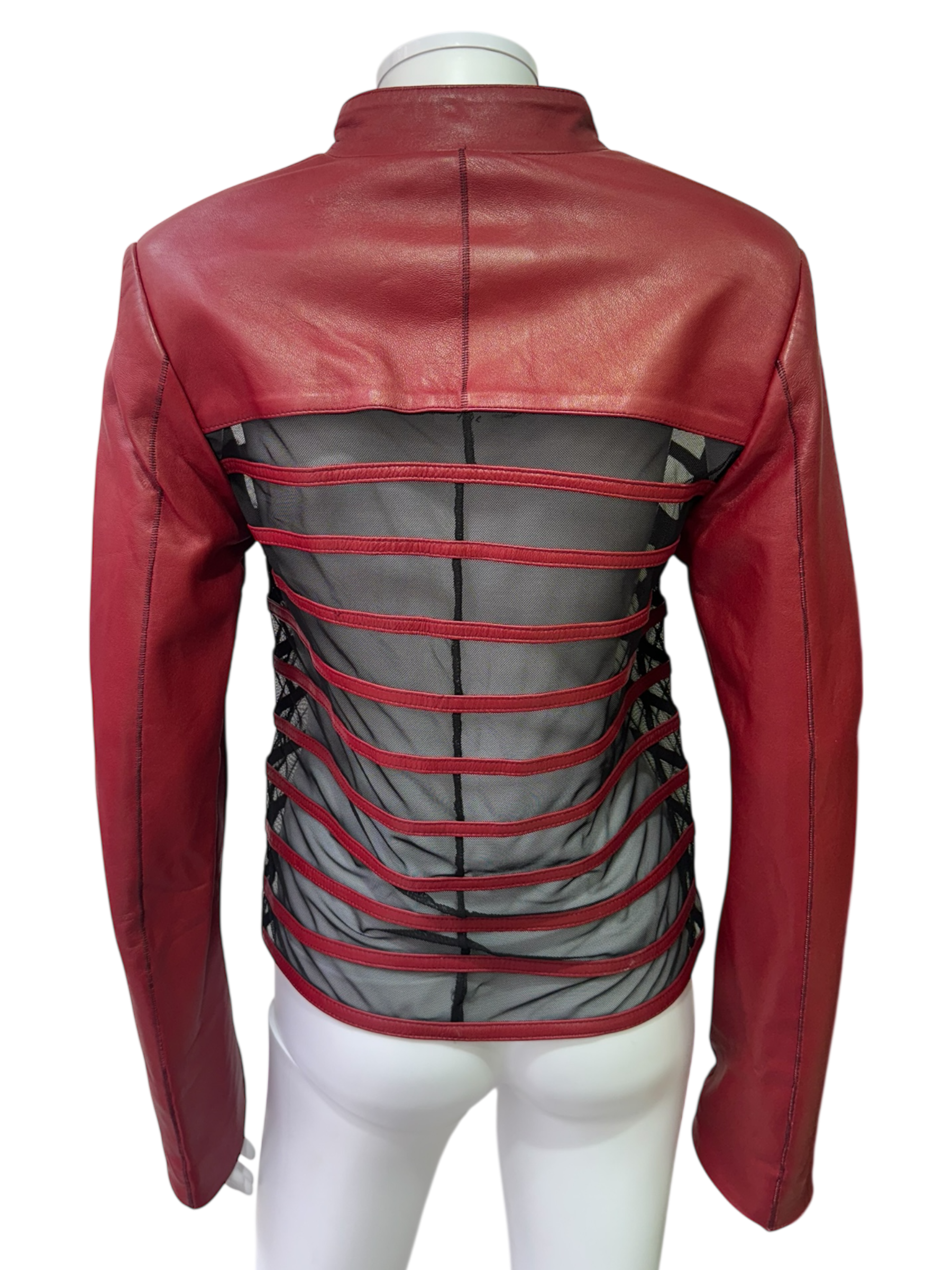 Red Leather Jacket with Mesh Details