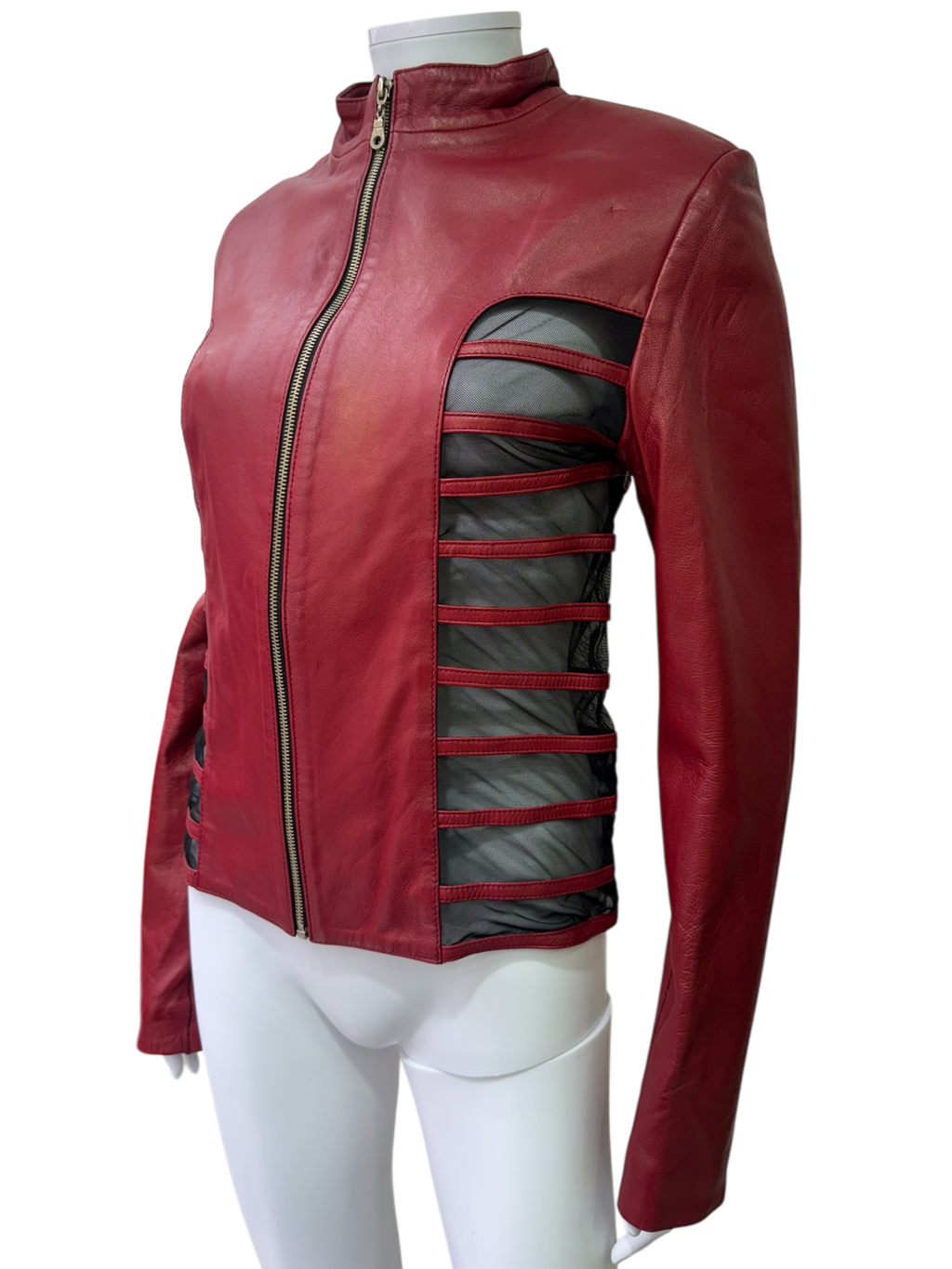 Red Leather Jacket with Mesh Details