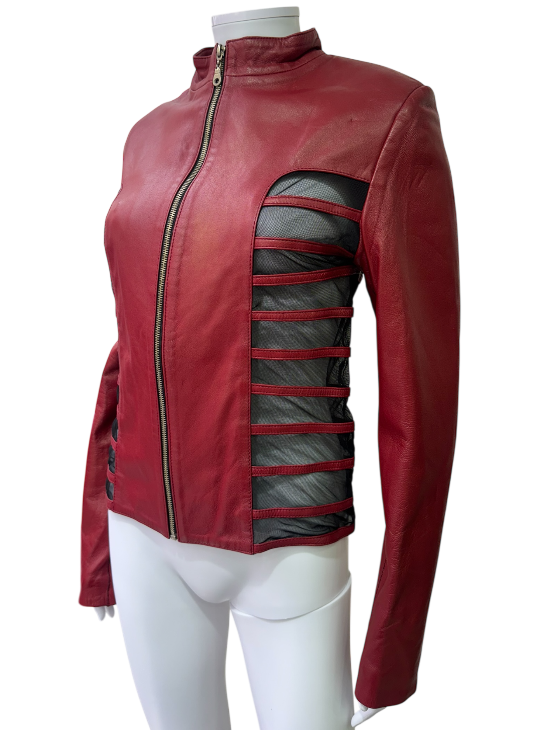 Red Leather Jacket with Mesh Details