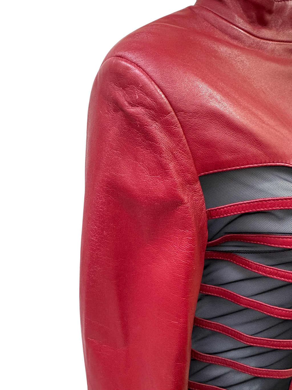 Red Leather Jacket with Mesh Details
