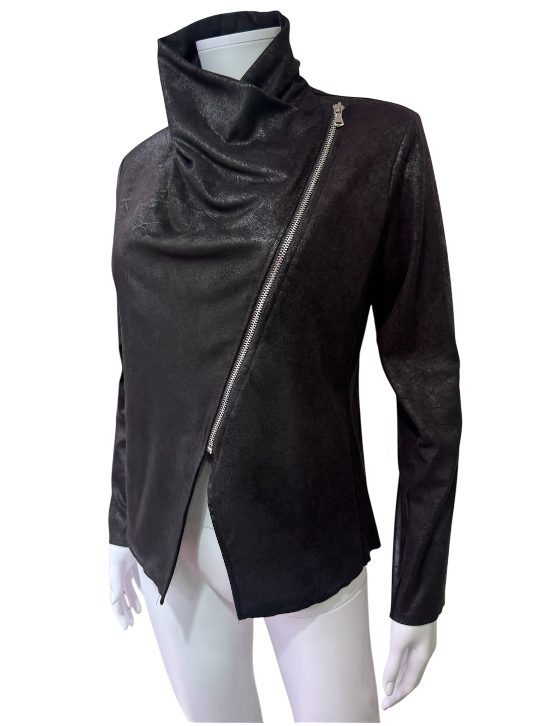 Black Asymmetric Zip Jacket – Leather Look