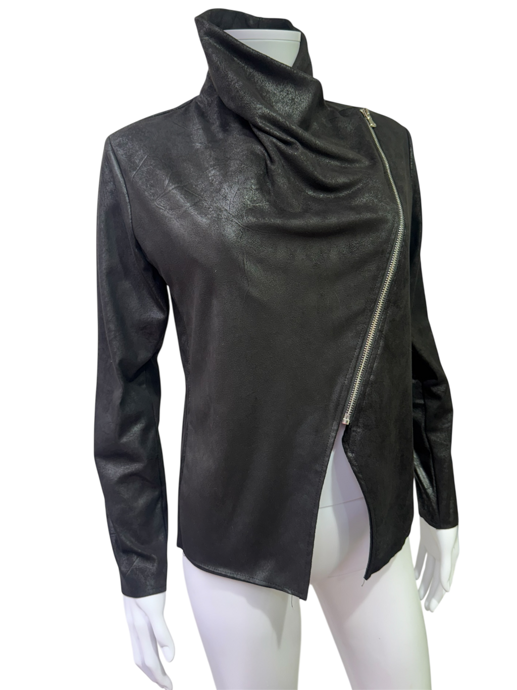 Black Asymmetric Zip Jacket – Leather Look