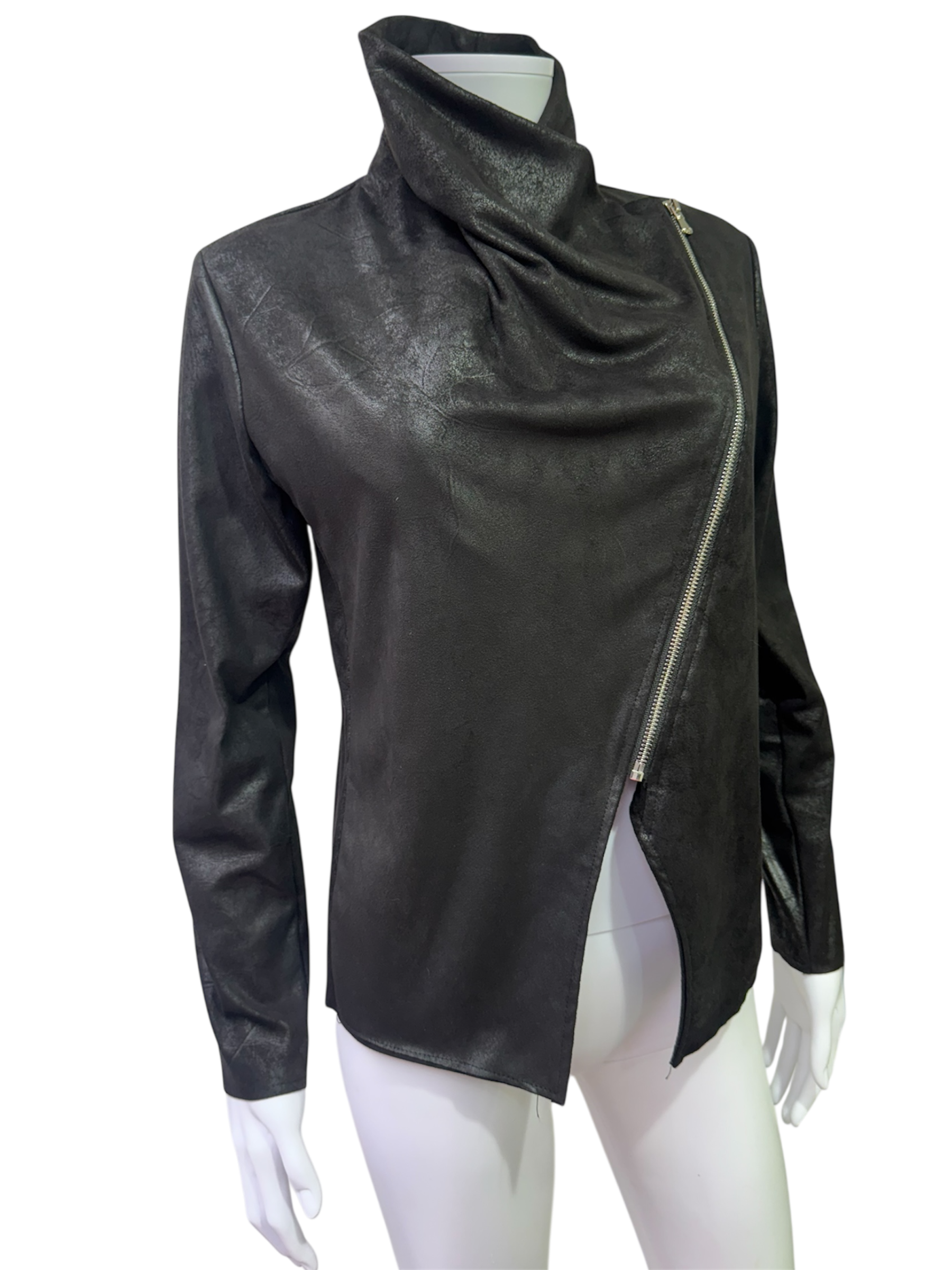 Black Asymmetric Zip Jacket – Leather Look