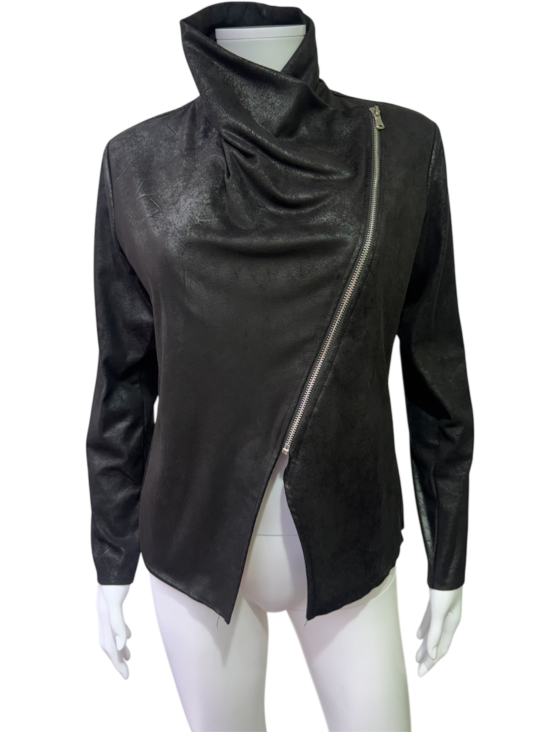 Black Asymmetric Zip Jacket – Leather Look