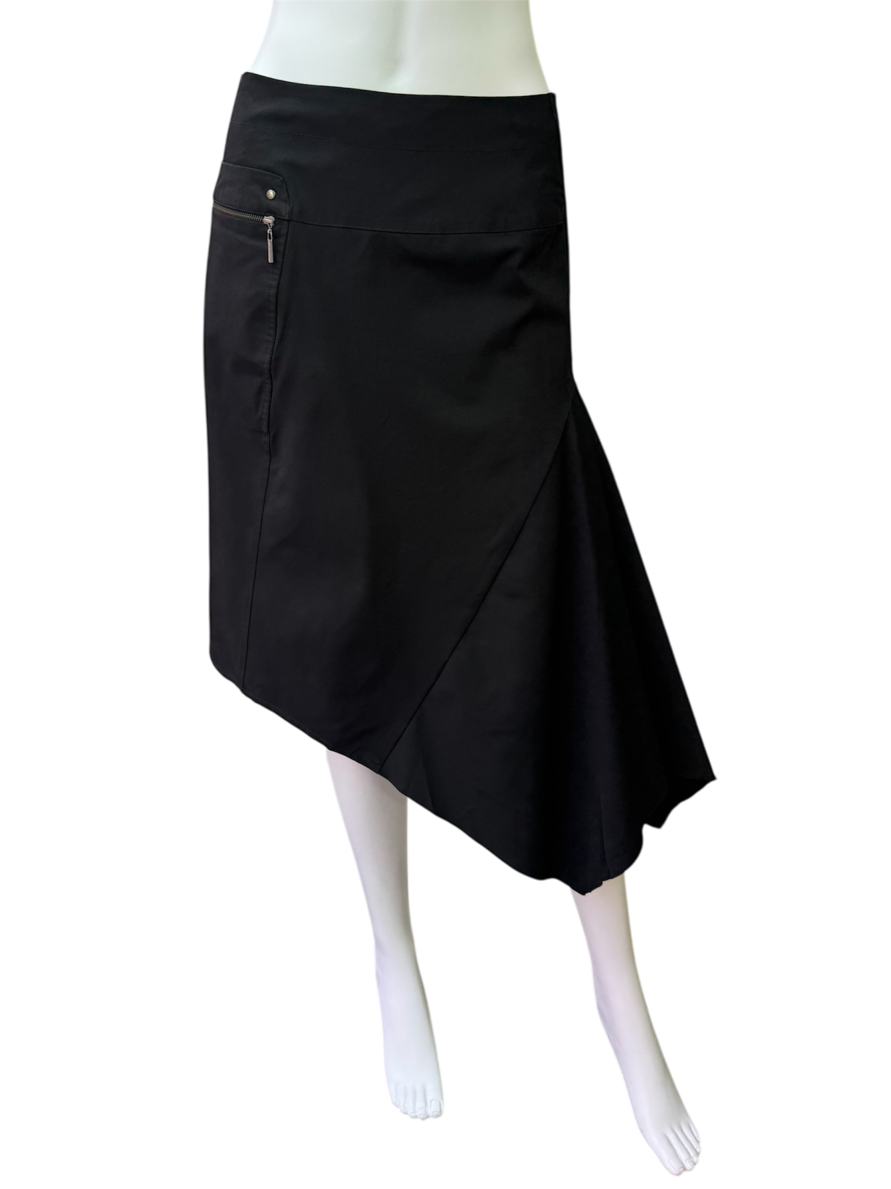 Black asymmetric midi skirt