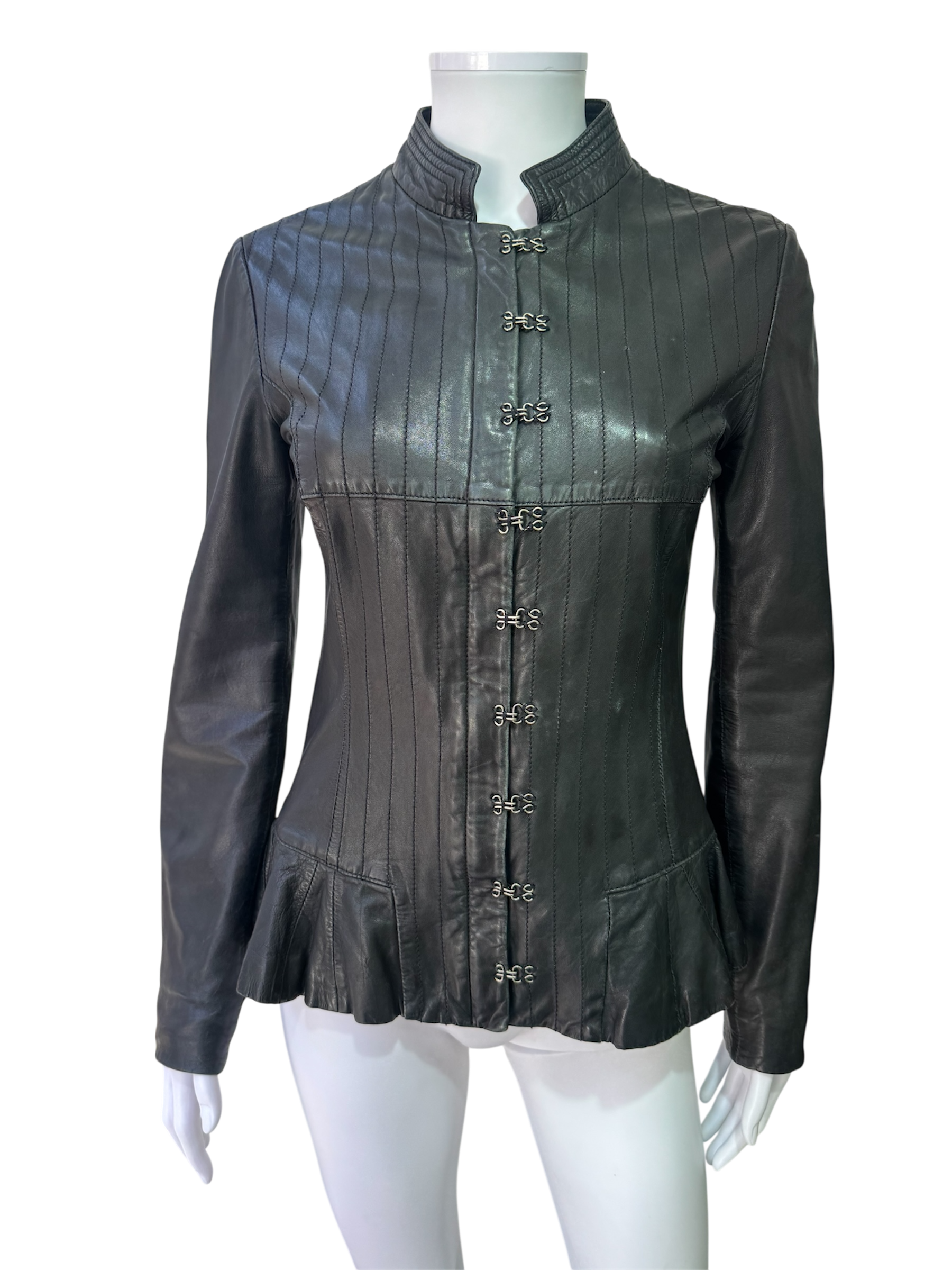 Leather Fitted Leather Jacket with Hook Closure