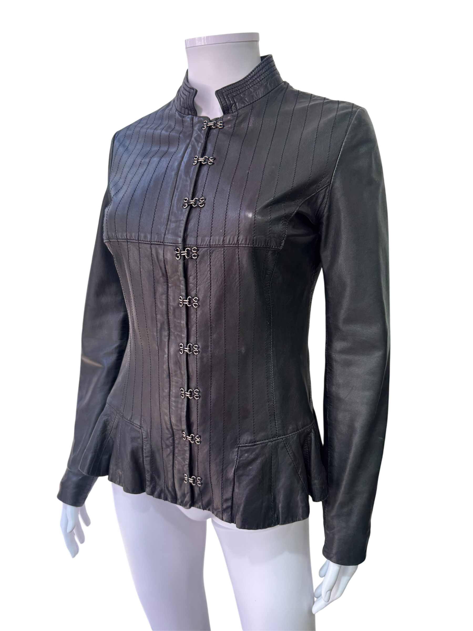 Leather Fitted Leather Jacket with Hook Closure