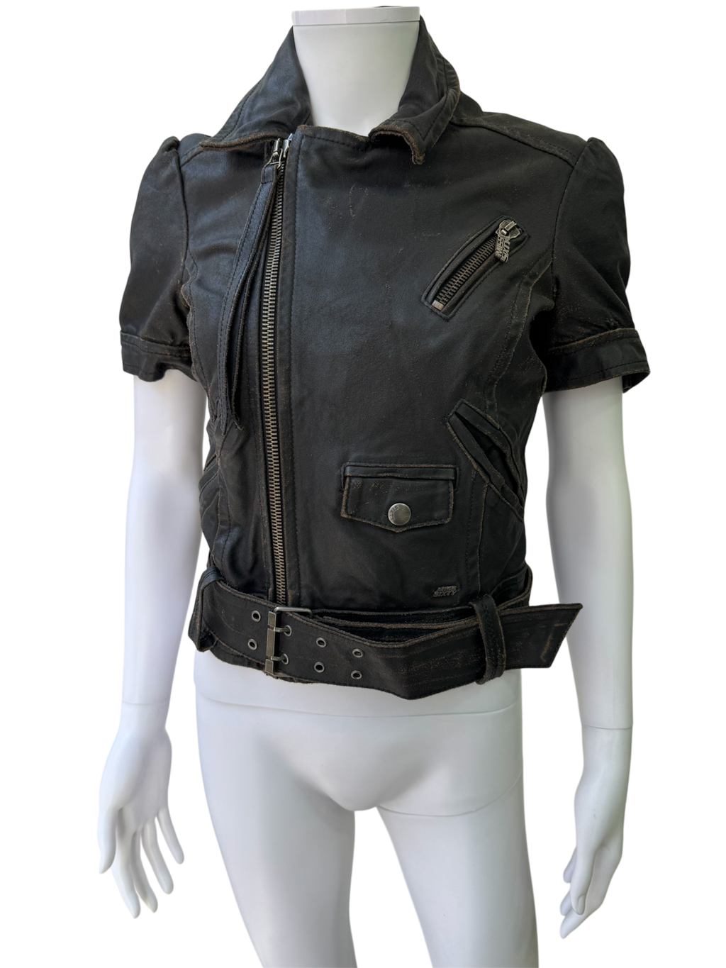 Miss Sixty  Distressed Short-Sleeve Leather Biker Jacket with Belt