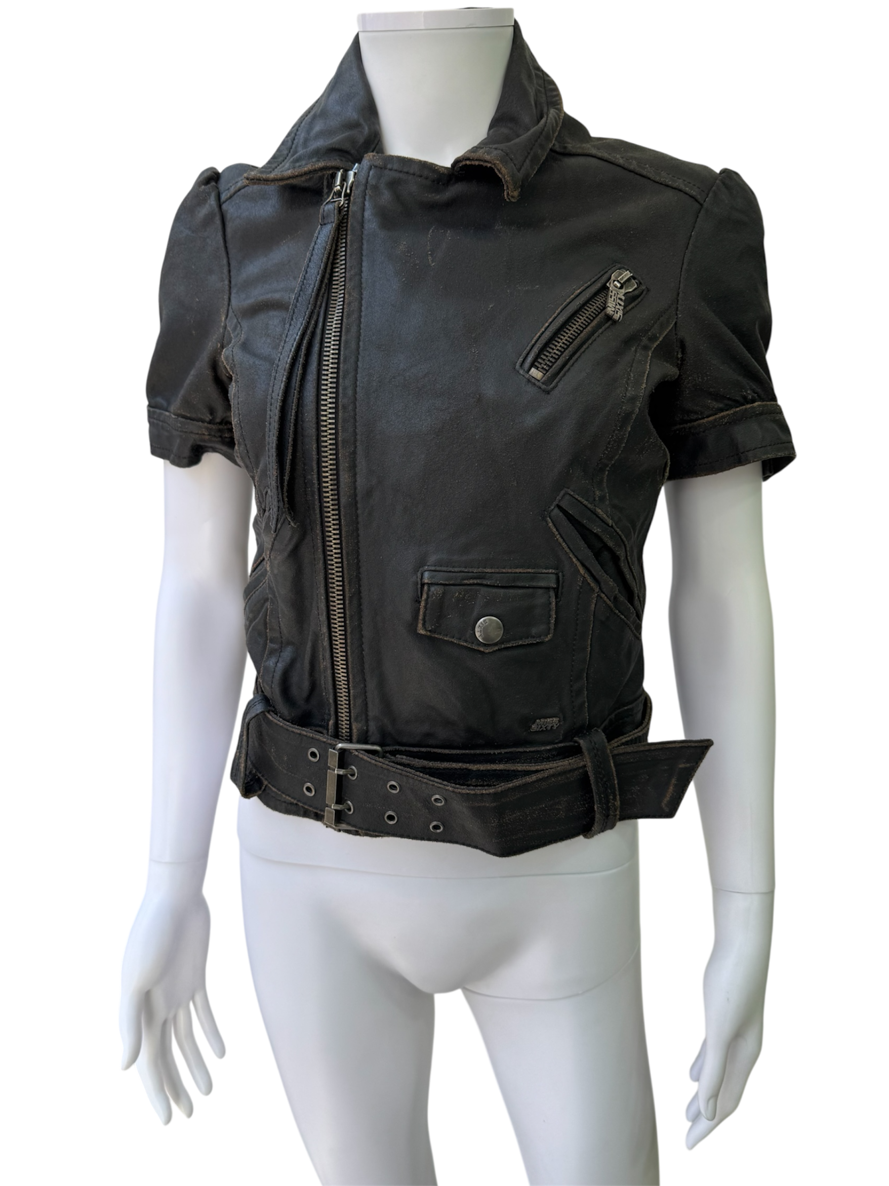 Miss Sixty  Distressed Short-Sleeve Leather Biker Jacket with Belt