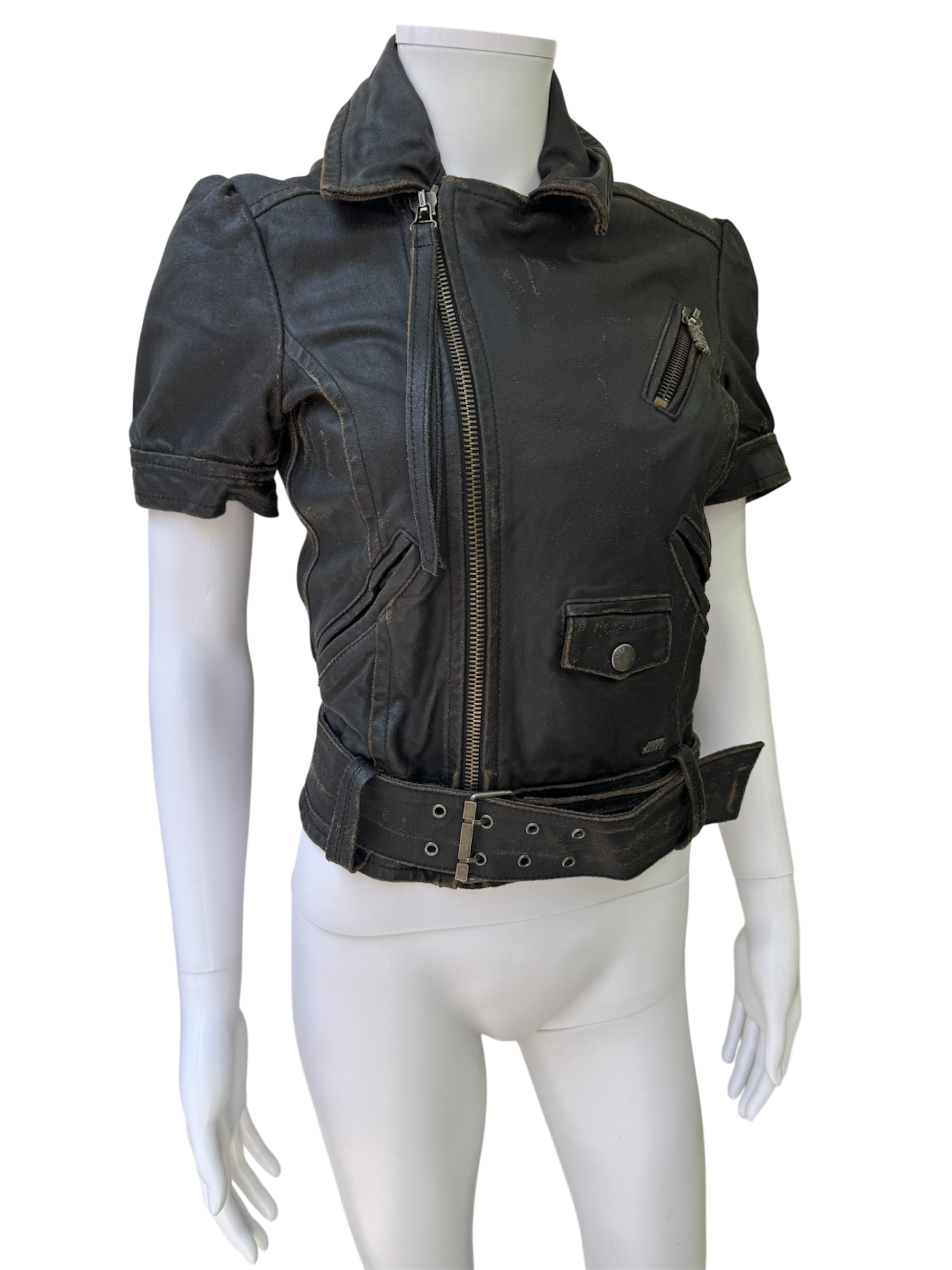 Miss Sixty  Distressed Short-Sleeve Leather Biker Jacket with Belt