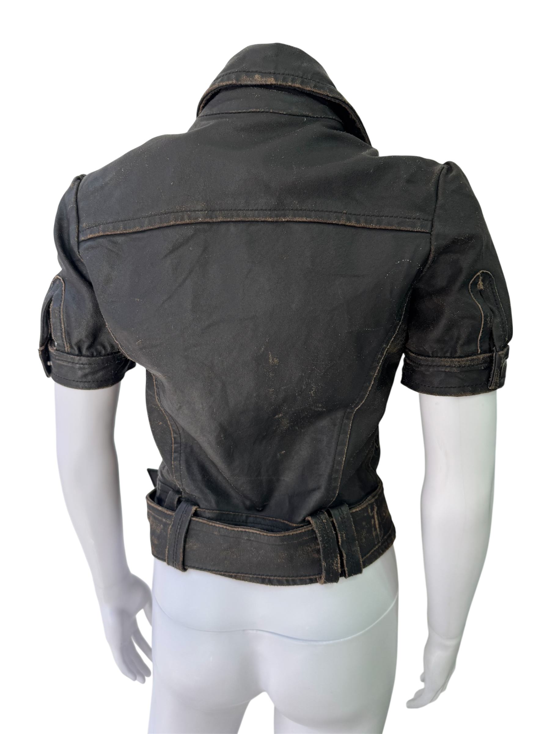 Miss Sixty  Distressed Short-Sleeve Leather Biker Jacket with Belt